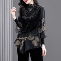 elegant vintage ruffled print fake two pieces chiffon shirt woman 2022 spring new lace flannel patchwork loose blouse