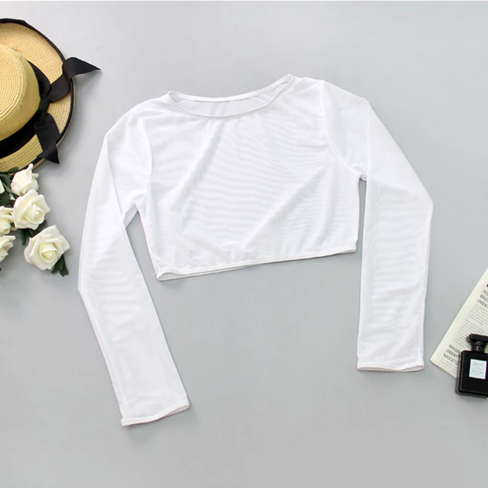 

Fashion Women Lady Mesh Long Sleeve O Neck Crop Tops Bikini Cover Up T-Shirt Blouse Sexy Girls Autumn White Black Top Beach