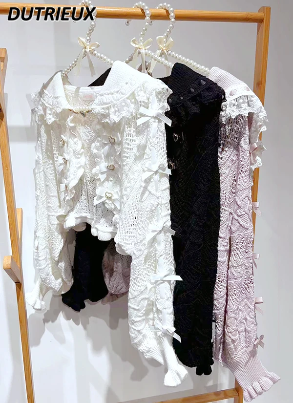 

Japanese Style Women Cardigan Coat Mine Mass-Produced Cardigan Sweater Crocheted Bow Batwing Sleeve Rhinestone Knitted Cardigan