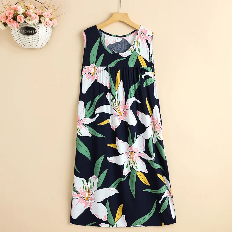 

Cheap Summer Woman Dress 2023 New Vintage Print Oversize Elegant Midi Dresses for Women Sleeveless Loose Summer Clothes