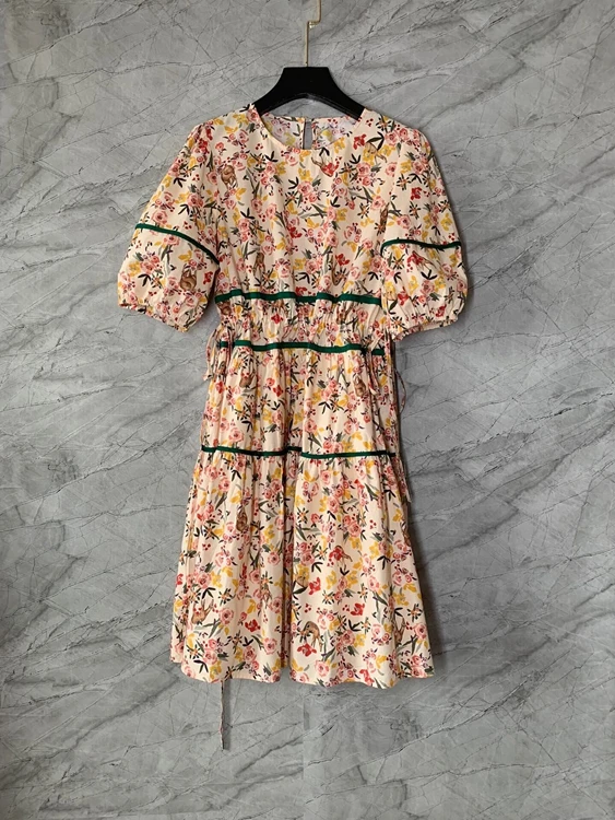 

2022 new women Fashion Drawstring Print Slim Fit A-Line Floral Simple Slim Dress 526