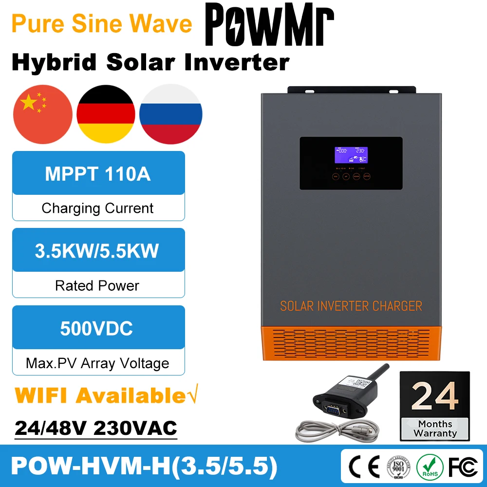 POWMR Hybrid Solar Inverter 24V 48V With MPPT Charger 110A 3kw 5kw 220Vac To 240Vac Off Grid Pure Sine Wave Converter Portable