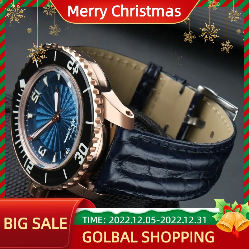 23mm High quality crocodile Watch Strap Watchband For Blancpain  5000 5015 Fathoms Watch Black Blue Soft Strap Folding Buckle