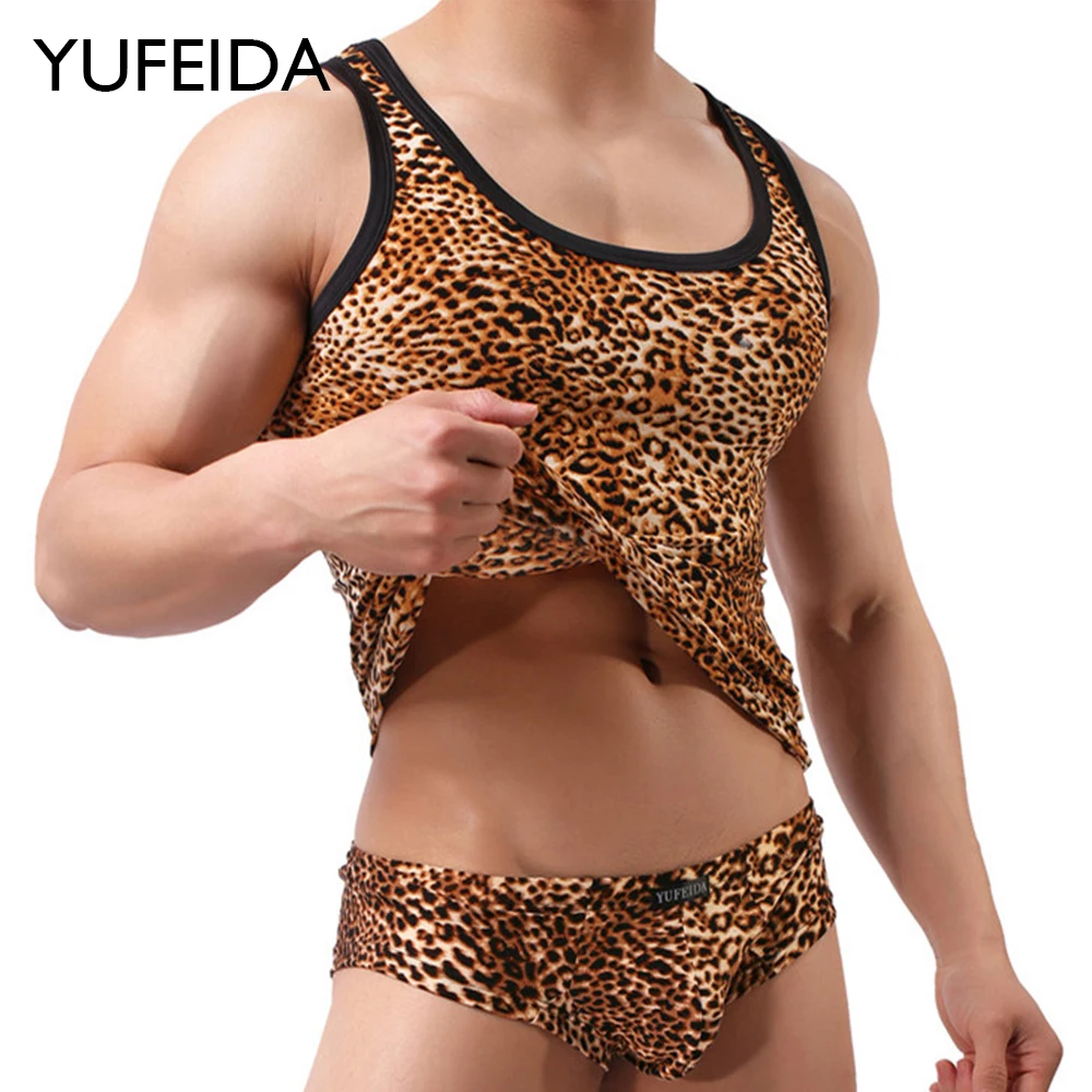 

YUFEIDA 2PCS/Set Mens Fitness Muscle Undershirts Tank Tops Boxer Shorts Sets Leopard Printed Workout Vest Boxers Men's Clothing