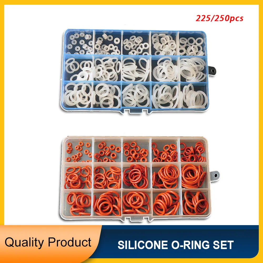 

225/250pcs Red/white Silicone O-ring Sealing Gaskets Waterproof Washer Oil Resistant High Temperature Oring Assortment Sets