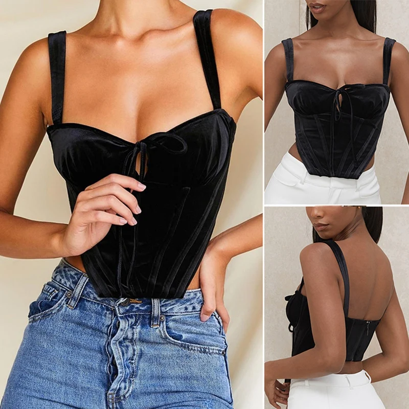 

Women's Fashion Sexy Halter Pure Color Slim Fishbone Velvet Vest Black