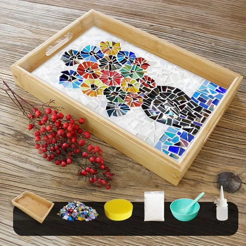 Wooden Round Square Tray Mosaic Placemat Mosaic Handmade Making DIY Craft Kits Mosaic Tool Home Decoration Creative Gift