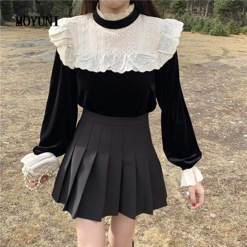 

Patchwork Goth Blouse Women Elegant Sweet Kawaii Designer Blouse Female High Street Japanese Style Korean Tops Women Spring 2021
