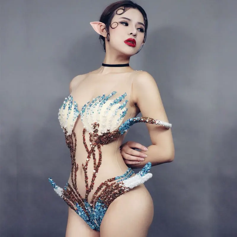 Боди с блестками и эльфами без рукавов большой эластичный сексуальный