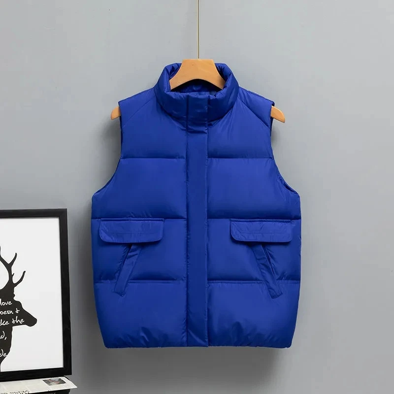 

Autumn Winter Jacket Warm Cotton Women Vest 2022 New Fashion Short Stand Collar Loose Sleeveless Jackets Waistcoat Female Coat