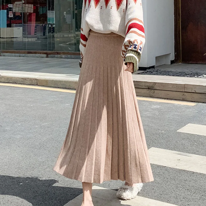 

Winter Cashere Blend Drape A-line Rib Long Knitted Skirts Thick Warm Solid Beige Khaki Wool Calf Long Knit Skirts