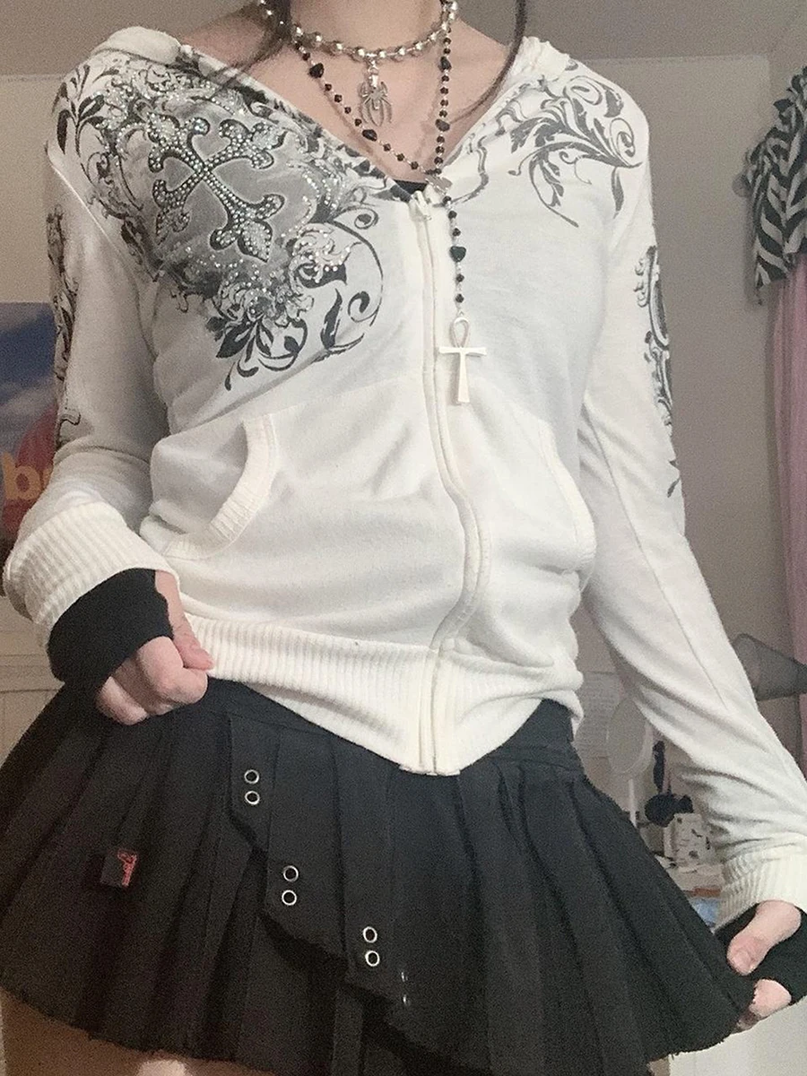 Женская винтажная укороченная толстовка на молнии Y2k большого размера шнурке