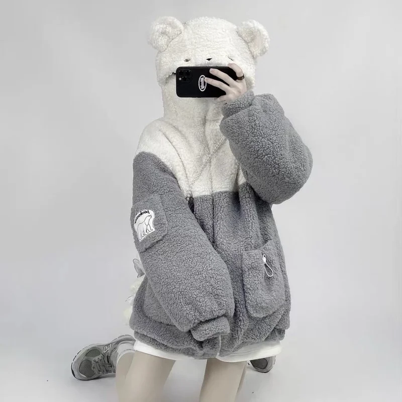 

Deeptown Kawaii Cute Bear Fleece Sweatshirt Women Sweet Soft Girl Korean Fashion Zip Up Hoodies Female Patchwork School Style