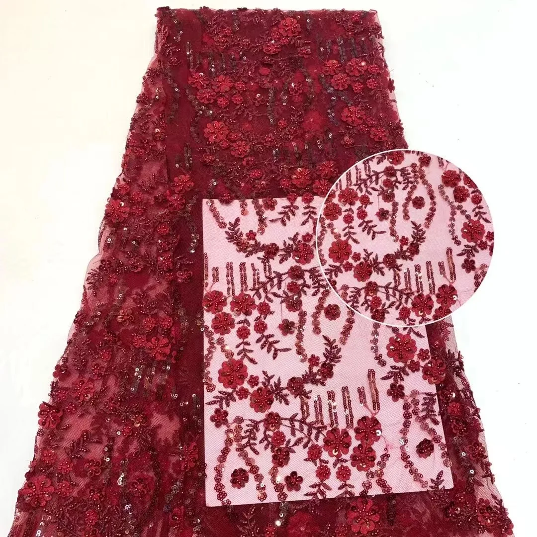 

Luxury Bride Wedding African Lace Fabric French Tulle Mesh Lace Fabric High Quality Sequins Beads 3D flowers Net Lace Embroidery