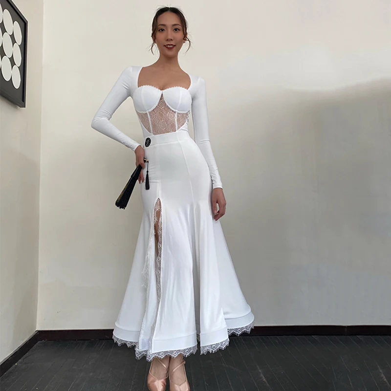 Платье для соревнований по бальному танцу женские белые кружевные топы юбка с
