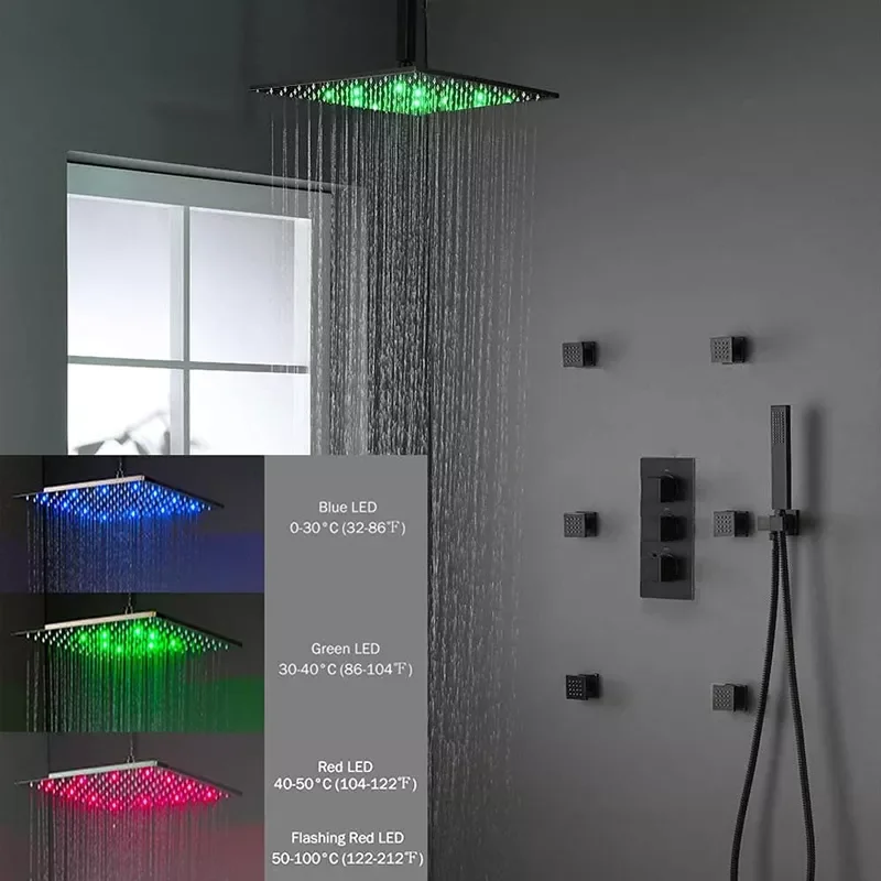 

Black Ceiling Mounted Shower System LED Rainfall Shower 3-way Thermostatic Mixer Brass Shower Mixer 6pcs Spa Jets Bath Shower