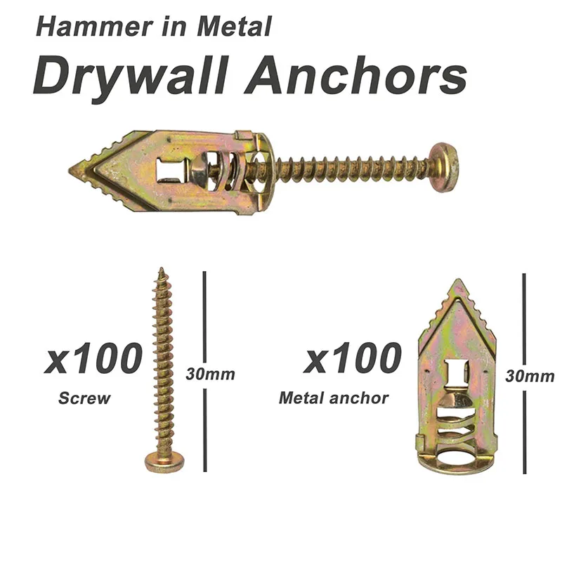 200PCS Hammer in Metal Drywall Anchors 10x30mm with Self Tapping Screws Kit Drilling Plasterboard Wall Fixing Plug | Обустройство