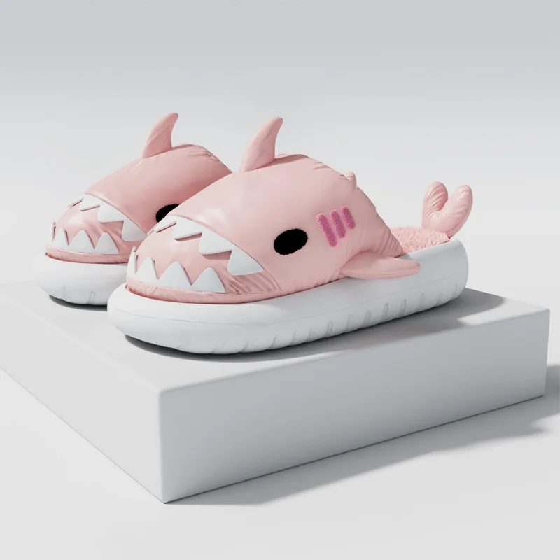 

New Detachable Fur Warm Shark Slippers Couple 2022 Fashion Winter Warm Home Indoor Floor Slippers Platform Fun Slippers