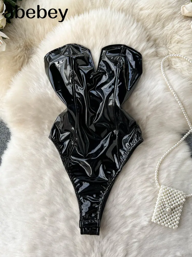 

2023 Drawstring Women Rompers Summer Solid Lace-Up Design Fashion Slim PU Leather Ladies Sexy Streetwear Bodysuits