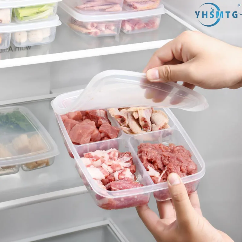 

Refrigerator Storage Box Organizer Crisper Food-grade Plastic Box Transparent 4 Grid Sealed Fresh-keeping Box To Prevent Odor