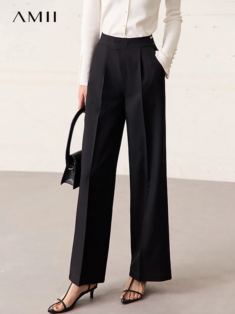 AMII Minimalism Casual Long Pants for Women 2023 Summer High Waist Office Lady Wide Leg Pants Loose Female Pantalones 12342423