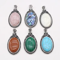 natural stone pendants oval shape abalone shell crystal agate stone retro alloy base charms for jewelry making necklace bracelet