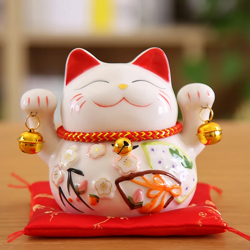 

5 inch Maneki Neko Lucky Cat Ornament Ceramic Fortune Cat Statue Home Decorative Gift Feng Shui Beckoning Cat Piggy Bank