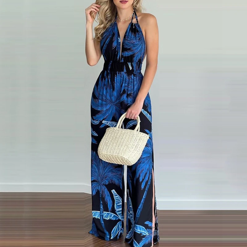 2023 Summer Women's Jumpsuit Fashion Sexy Sleeveless Back Hanging Neck Digital Printing Colorful Wide Leg Jumpsuit Mujer