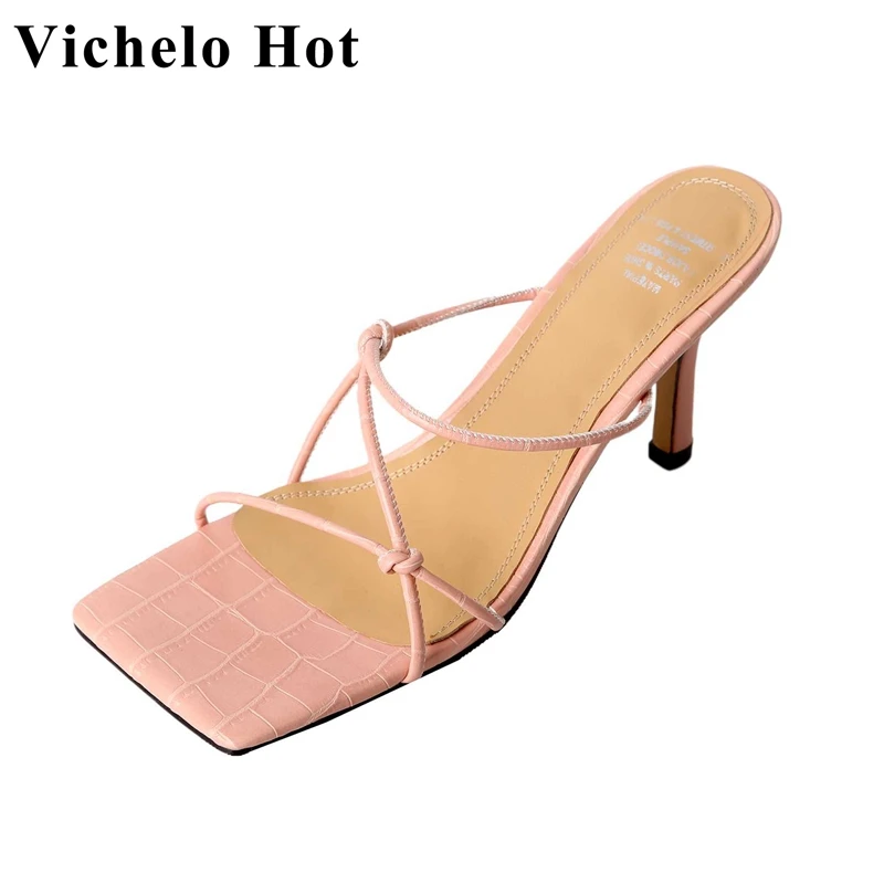 

Vichelo Hot 2022 Summer New Microfiber Peep Toe Thin High Heel Mules Narrow Band European Style Mature Elegant Women Sandals L29