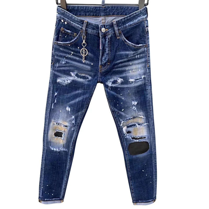 2023 new Starbags DSQ Fashion ripped holes small elastic slim legs blue jeans men