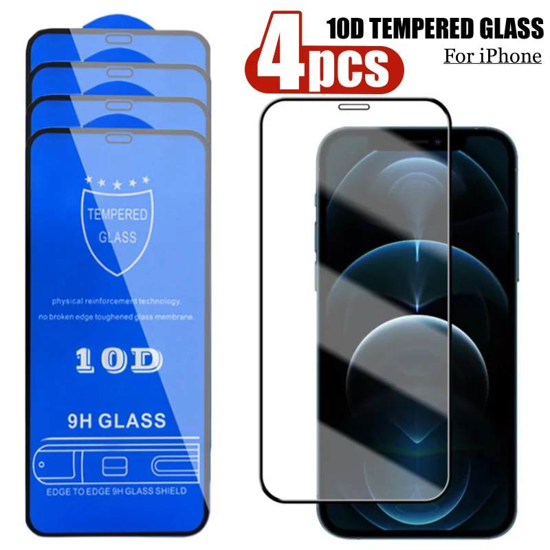 

4PCS 10D Full Coverage Tempered Glass for iPhone 14 Pro Max, 13, 12, 11 PRO XS MAX X XR 6 8 7 Plus SE Screen Protector