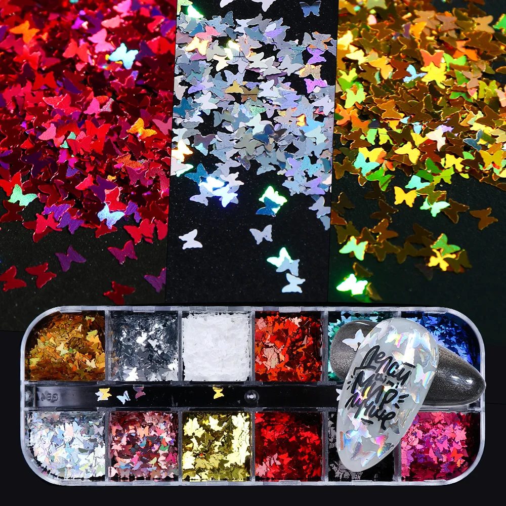 

Laser Holographic Butterfly Nail Glitter Sequins designer Charms Gradient Flake Glitter Polish Butterfly Nail Art Decoration