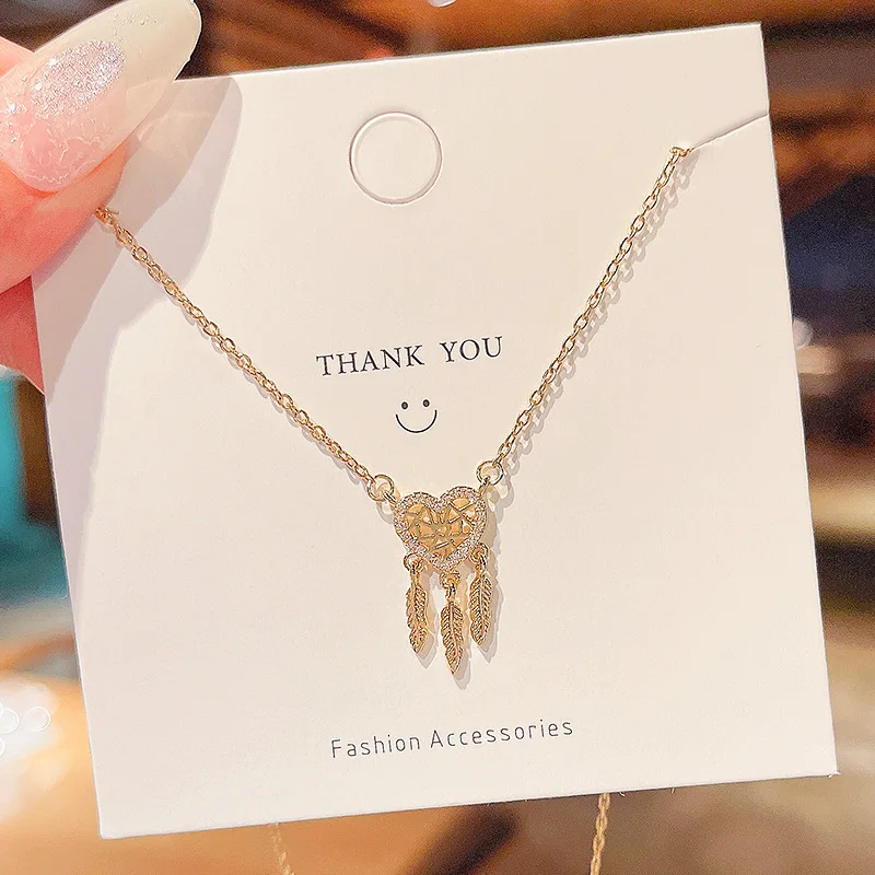 Mesh Heart Tassel Pendant Necklace Gold Feather Necklace Titanium Steel Gold Plated Fashion Temperament Clavicle Chain Necklace