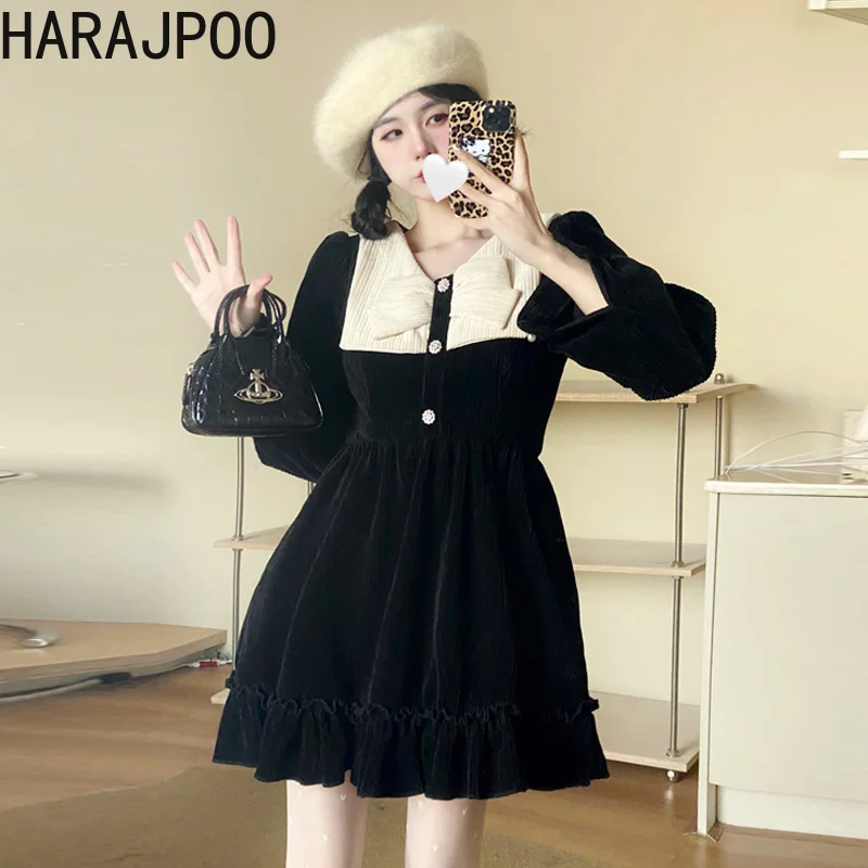 

Harajpoo Dresses Female Vintage Corduroy Black Autumn Spring 2022 New V Neck A Line Long Sleeve Harajuku Casual Bow Mini Dress