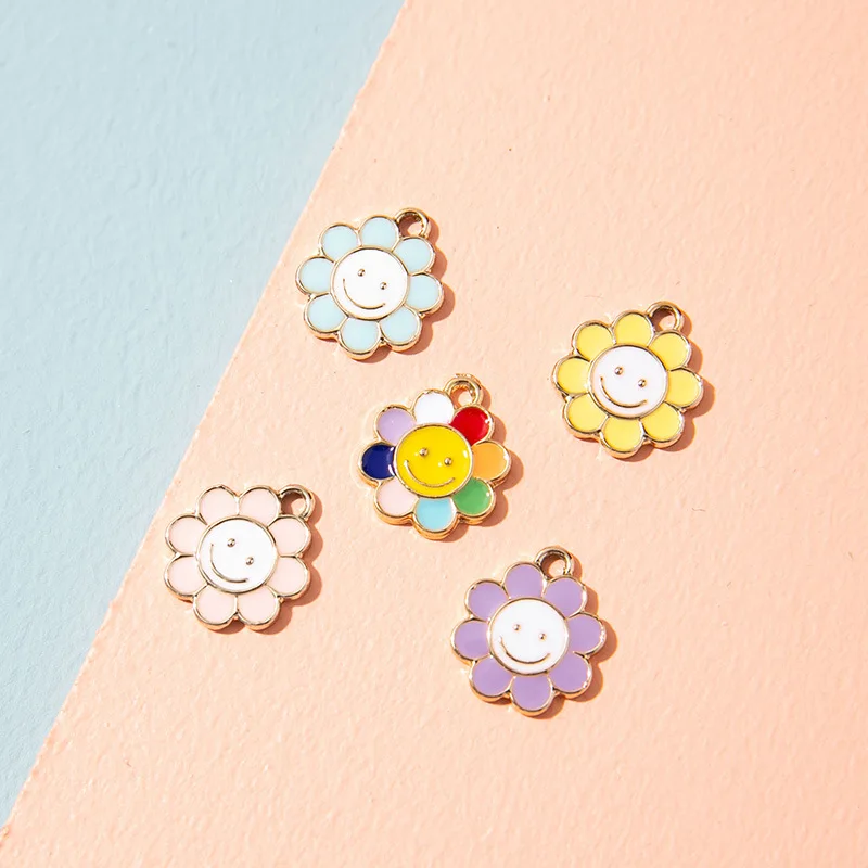 

10pcs Colorful Sunflower Smiling Face Alloy Drip Oil Pendant Accessory for DIY Necklace Bracelet Women's Jewelry Parts