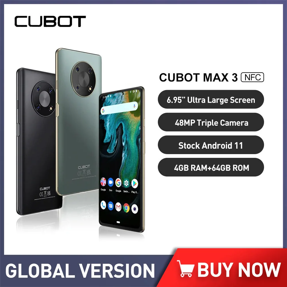 

Cubot MAX 3 Smartphones 6.95Inch Android 11.0 4GB RAM + 64GB ROM Cellphones 5000mAh Battery 48MP Triple Camera mobile phones NFC