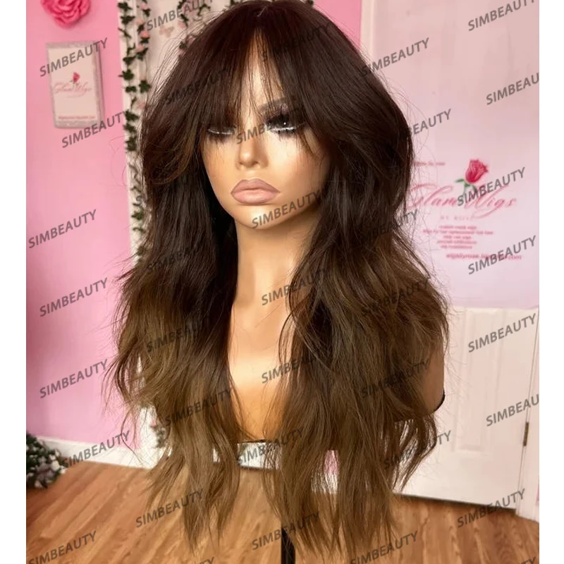 Curtain Bangs Pre Plucked 360 Lace Frontal Human Hair Wigs for Black Women Dark Brown Caramel Ombre Glueless 13x3 Lace Front Wig