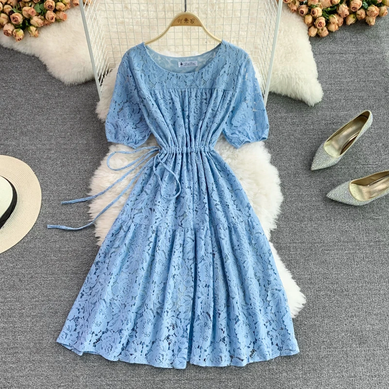 

Summer high quality temperament waist a-line red dress female midi long hollow o neck lace dresses short sleeves dress elegant