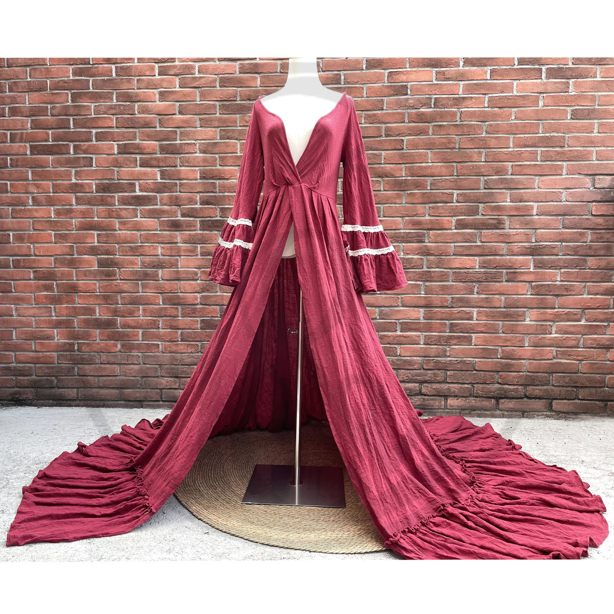 Photo Shoot Prop Cotton Deep V Full Ruffle Sleeves Robe Maternity Dress Evening Party Costume for Women Photography Accessories enlarge