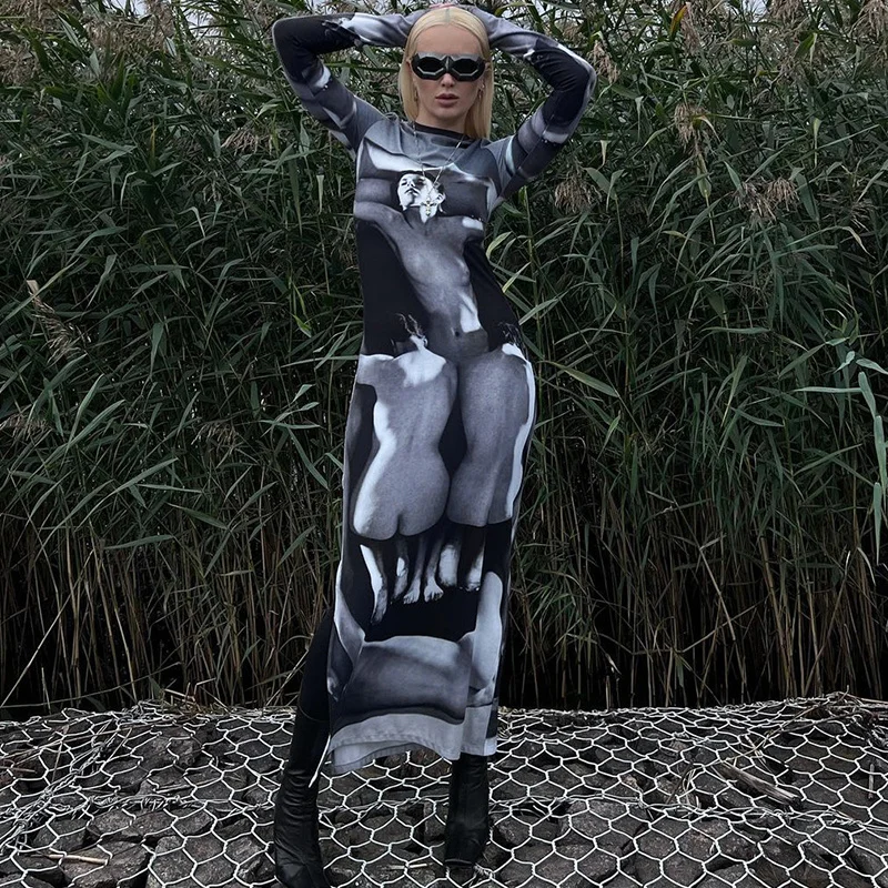 

Осенняя сексуальная одежда Zoctuo Y2K, облегающее платье миди с длинным рукавом и принтом, с разрезом сбоку, одежда для клуба, 2022