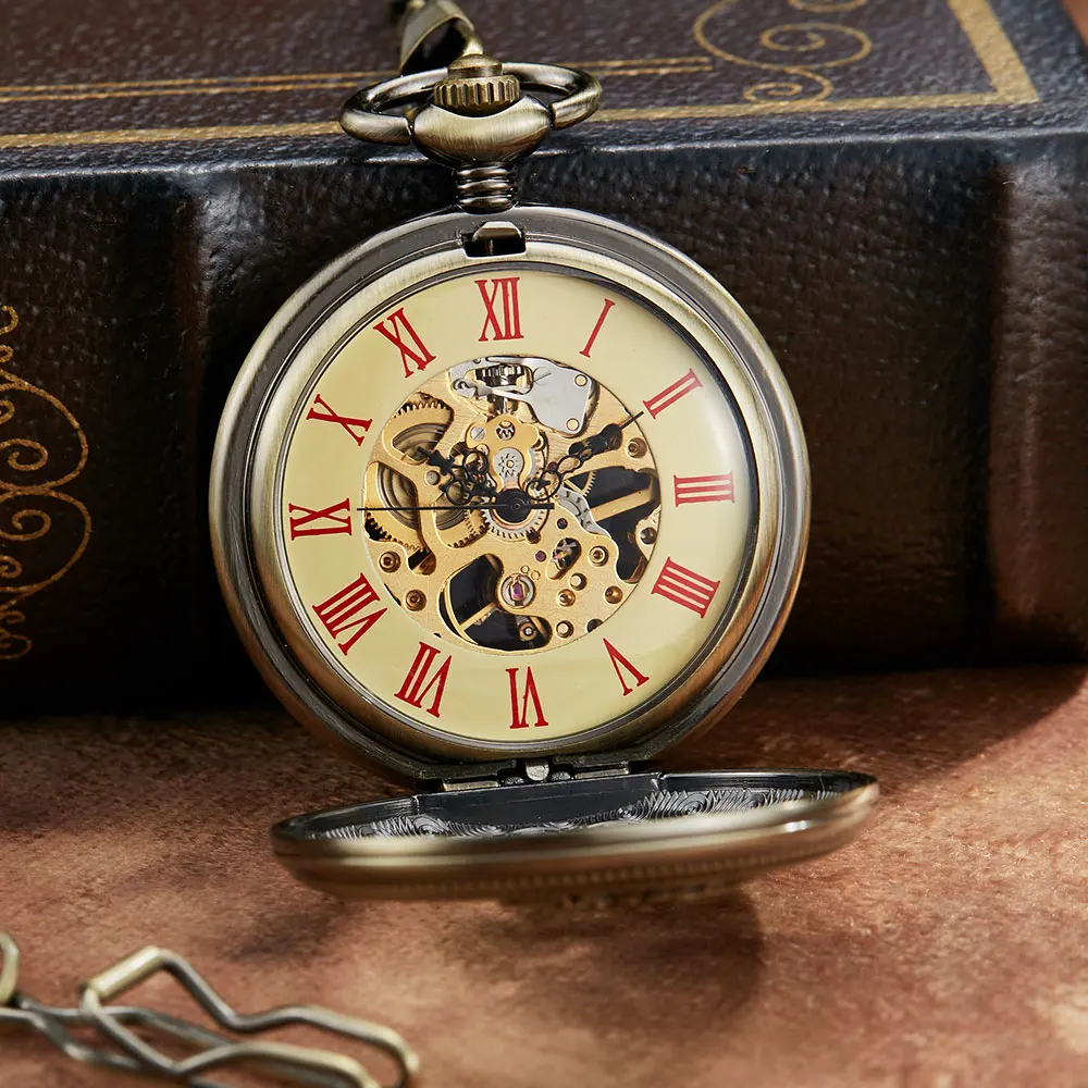 Vintage Steampunk Dragon Mechanical Pocket Watch Men Hollow Skeleton Roman Dial Pocket FOB Watch Chain Male Clock Hand Wind