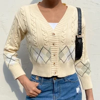 casual knitted cardigan loose long sleeve fashion fall geometric patterns v neck singles breasted short sweater womens clothes