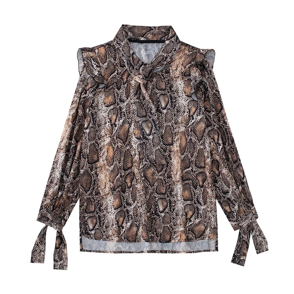 

Women's Snake Print Shirt Fashion New Long Sleeve Ruffle Decor Casual Retro Chic Classic Style Female Blouse Mujer