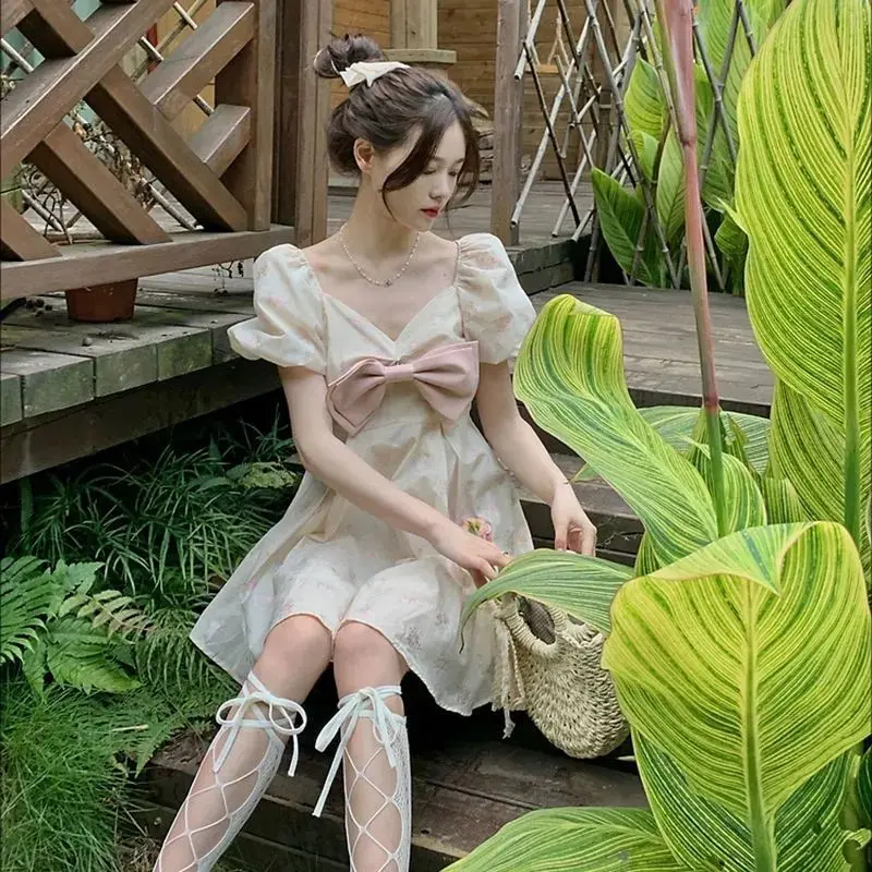 

Fresh Floral Puff Sleeves Princess Skirt Summer French Bow Cinched Waist Cropped Dress