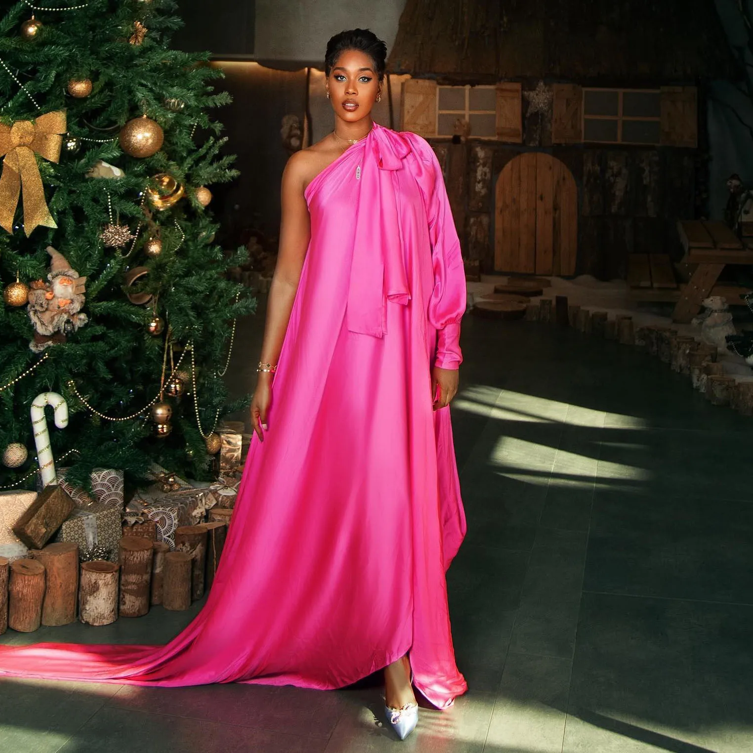

Simple Fuchsia One Shoulder Long Satin Women Maxi Dresses To Event Party Modest Prom Gowns With Bow