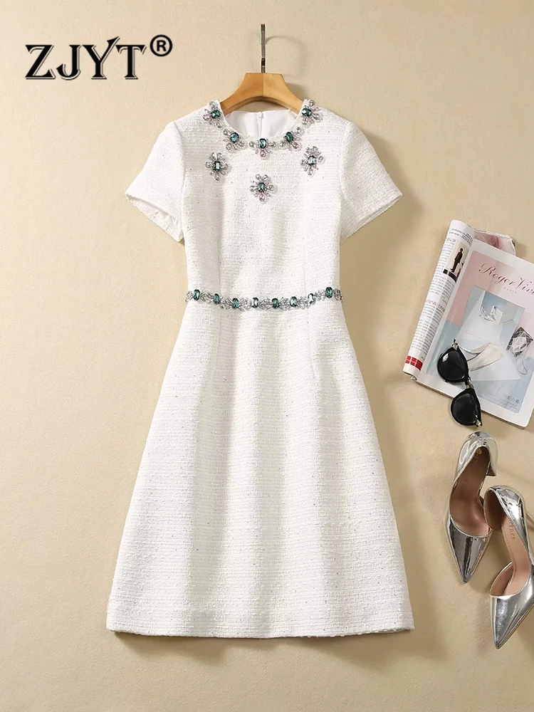 

ZJYT Luxury Diamonds White Tweed Woolen Dresses for Women Autumn 2023 Female Clothing Short Sleeve Cocktail Party Vestidos Robe