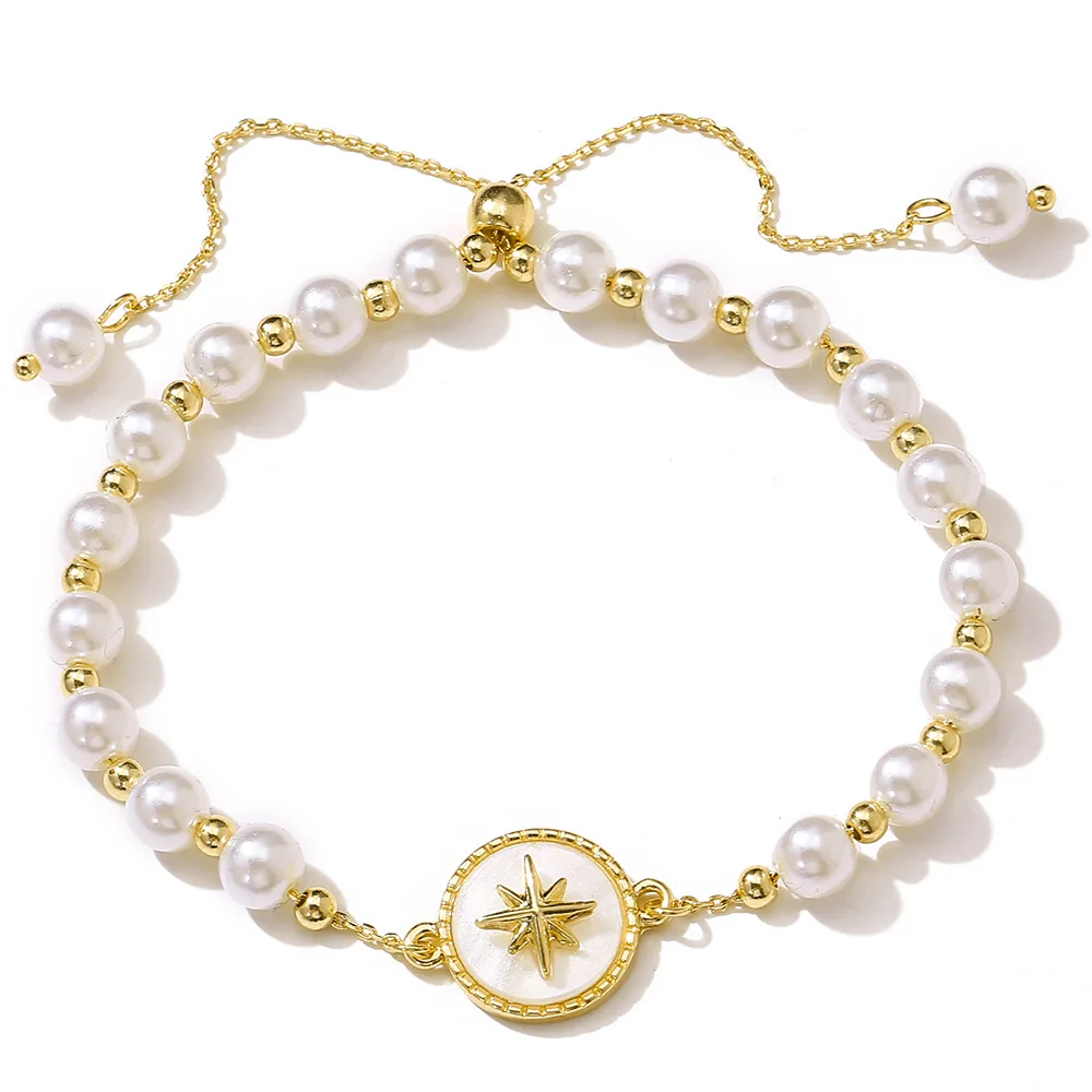 

Pearl Chain Women Bracelet Octagonal Star Jewelry Designer Charm Bracelets with Green Crystal Female Valentine's Day Gift