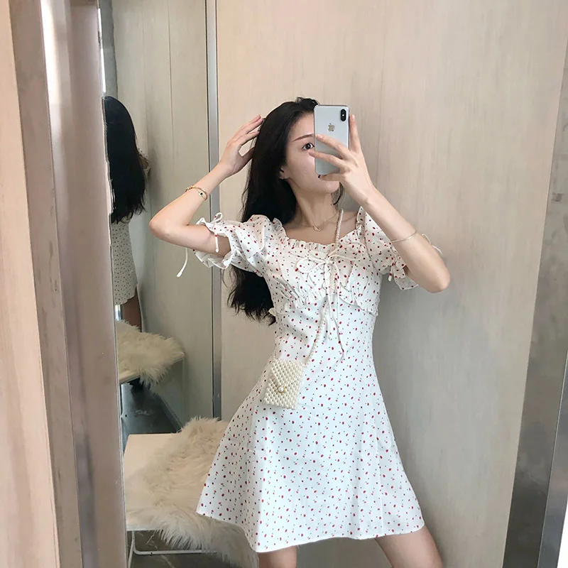 

Elegant Bow White Floral Print Mini Dress Puff Sleeve Summer Party Short Sleeve Dress Sweet French Dresses for Women 2022
