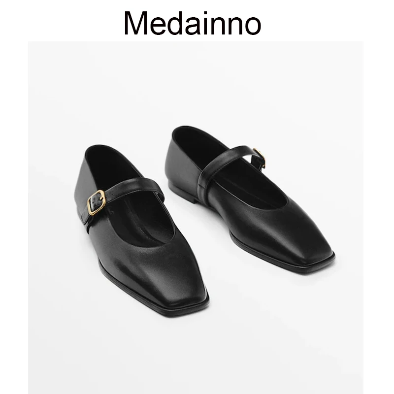 

Medainno 2023 Модные женские новые туфли из натуральной кожи с квадратным носком на плоской подошве Мэри Джейн повседневные однотонные простые т...