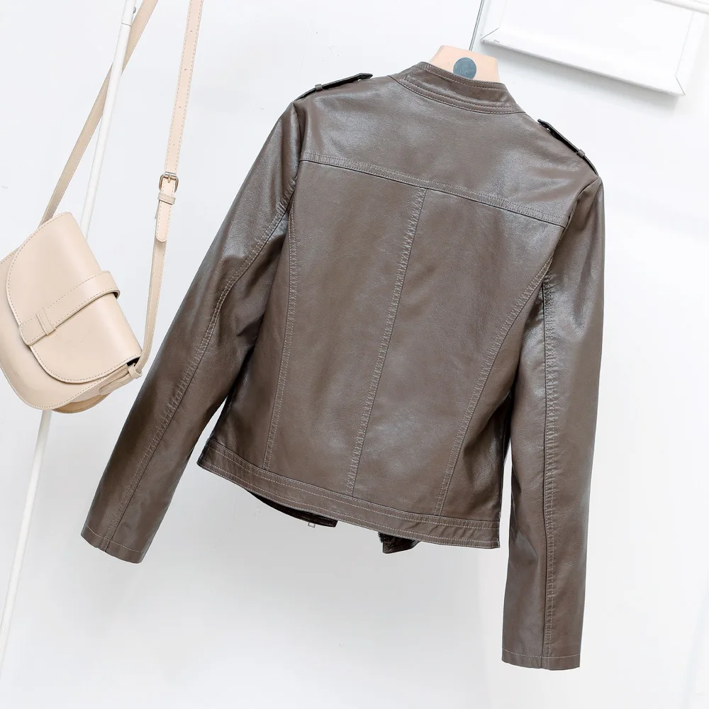 2023 spring new simple stand-up collar motorcycle leather jacket epaulettes zipper leather jacket